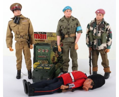 Four Vintage Dressed Action Man, Parachute Regiment outfit on blond flocked hair gripping hands doll, rubber beret issue, in 