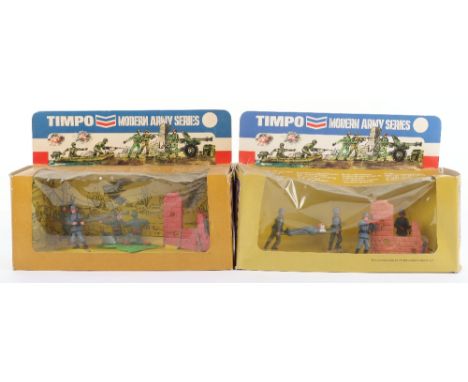 Two Timpo Modern Army Sets, window display boxes, German Soldier set, two soldiers, stretcher party, shell torn building and 