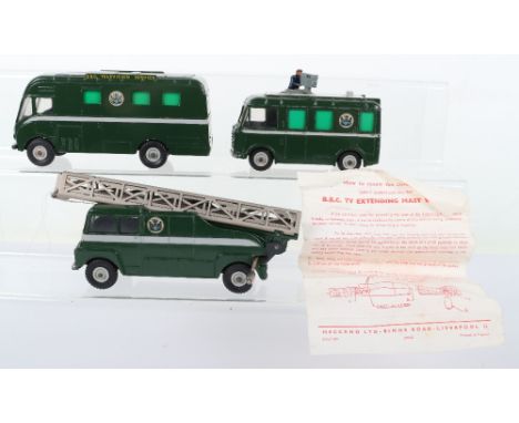 Three Dinky Toys BBC Television Vehicles, 967 TV Mobile control van, 968 TV Roving eye (missing aerial) and 969 Extending mas