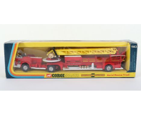 Corgi Major Toys 1143 American LaFrance Aerial Rescue Truck Fire Engine, circa 1973, red/white/yellow, plastic spoked wheel h