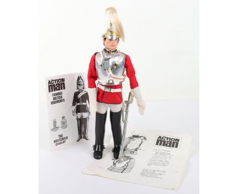 Vintage Palitoy Action Man The Life Guards, on brown flocked hair fixed hands doll, with plastic Identity tag, tunic, breeche