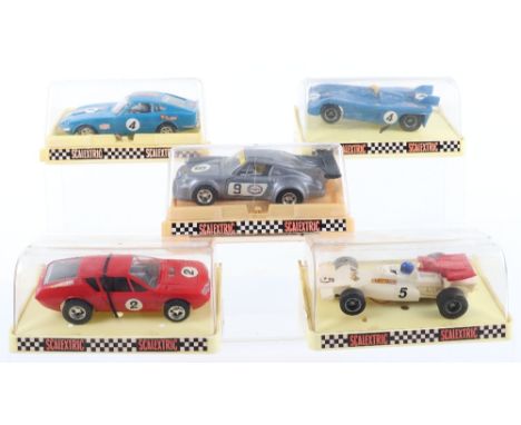 Four Boxed Vintage Meccano France Scalextric Slot Cars, C/28 Alpine A 310 super competition, C/101 BRM P 180 F1 car, with ins