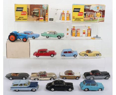 Playworn Corgi Toys, including: 55 Fordson Power Major Tractor (front wheels detached) 209 Riley Pathfinder police car (re pa