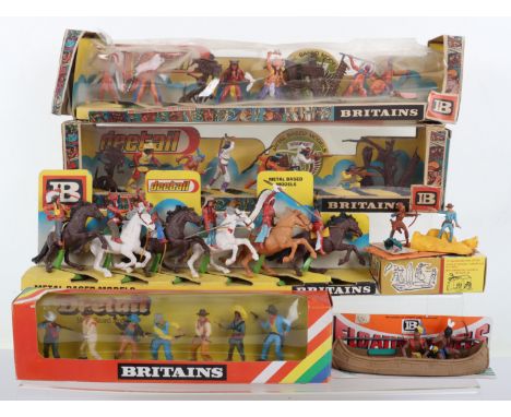 Britains Deetail Wild West 7550 Dismounted Apaches, six figures, two accessories, figures excellent, box fair, 7554 Indians, 