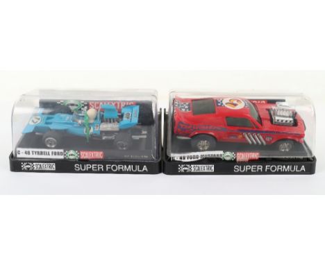 Two Scarce Mexico Super Formula Scalextric Slot Cars, C-49 Ford Mustang Thunderchief red body and C-48 Tyrell Ford, both in e