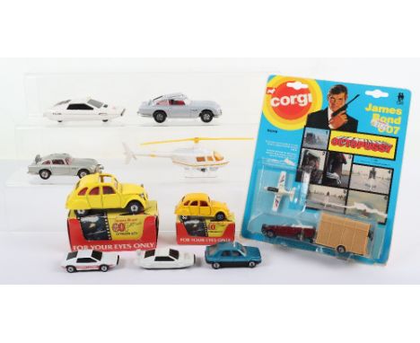 Vintage Corgi Toys James Bond Cars, including boxed E3019 James Bond Octopussy set, Range Rover, Horse Box and jet plane, ope