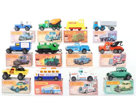 Twelve Boxed Matchbox Lesney Superfast Models, including: MB-5 US Mail Truck,MB-19 Peterbilt Cement Truck,MB-24 Diesel Shunte