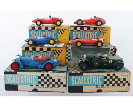 Six Boxed Vintage Scalextric Cars, C/64 Bentley (1929) green body, C/65 Alfa Romeo, blue body (replacement inner packing card