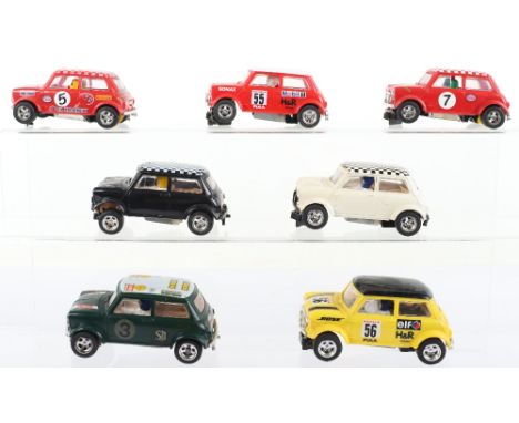 Seven Vintage Scalextric Hornby Hobbies Rally Mini Cooper Slot Cars, black body, chequered roof, white  body, chequered roof,