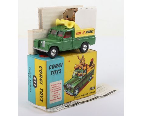 Corgi Toys 472 Land-Rover Public Address Vehicle ‘Vote for Corgi’ green/yellow body, red interior, spun wheel hubs, two figur