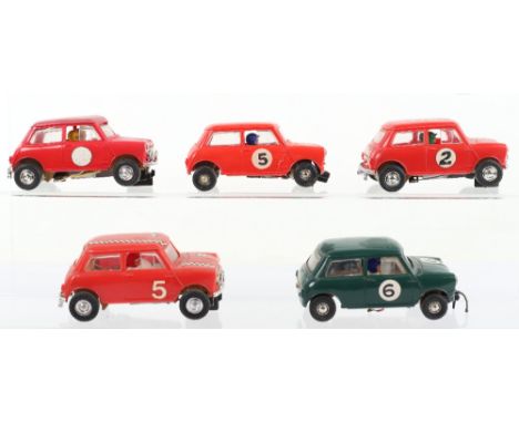 Five Vintage Unboxed Scalextric Minis, Two C/7 Rally Mini Coopers, red, C/7 Rally Mini Cooper, red (roof repainted) C/76 Aust