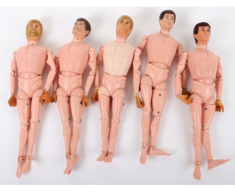 Five Vintage Hasbro Palitoy Action Man Dolls, two flocked hair with gripping hands, three flocked hair, eagle eyes, gripping 