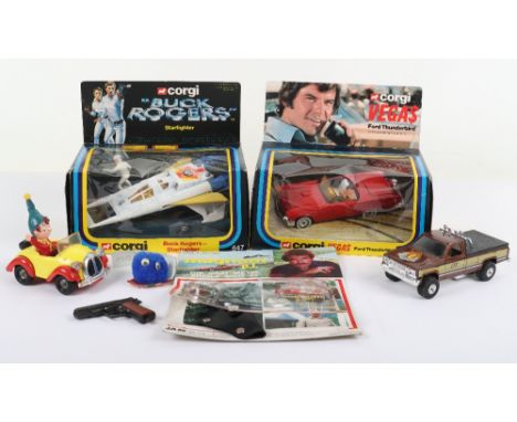 Corgi Toys 348 Dan Tanners Vegas Ford Thunderbird, red body with Dan Tanner, in window display box and 647 Buck Rogers  Starf