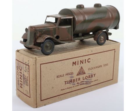 Boxed Tri-ang Minic 15M CF Army Petrol Tanker, with working motor, finished in brown and green camouflage paint, in original 