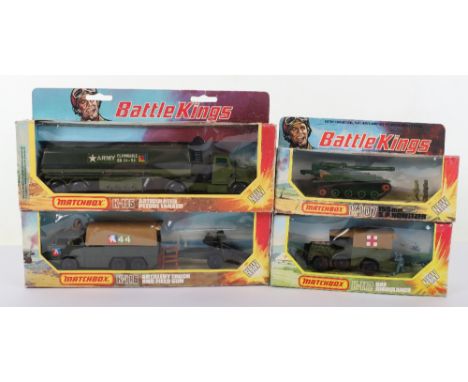 Four Boxed Matchbox Battlekings  K-107 155mm S.P. Howitzer, K-112 DAF Ambulance, K-115 Articulated Petrol Tanker, K-116 Artil