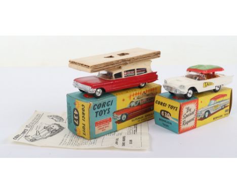 Two Boxed Corgi Toys, 430 Ford Thunderbird Bermuda Taxi, off white&nbsp;body ’Taxi’ labels, spun shaped wheel hubs, driver, g