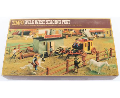 Timpo 255 Wild West Staging Post, layout card sheet, Stagecoach Station, Corral, stagecoach, cowboys, horses, water trough an