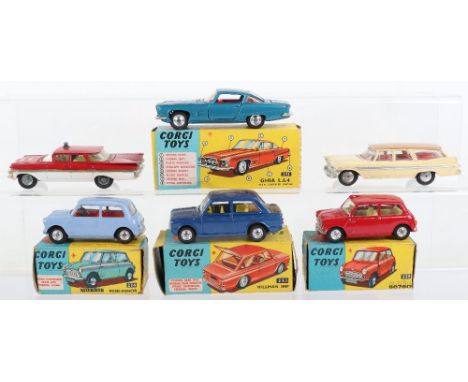 Four Boxed Vintage Corgi Toys Cars, including:225 Austin Seven, red body, yellow interior, shaped spun wheels (some paint chi