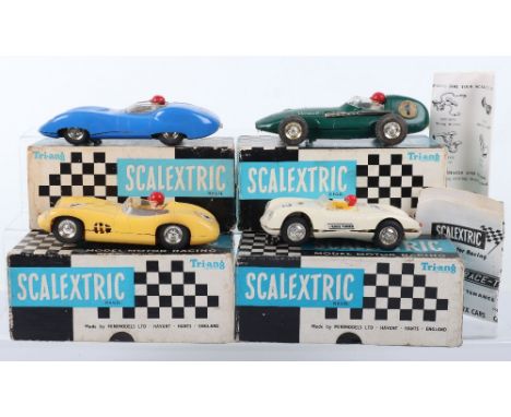 Four Vintage Boxed Scalextric Cars, E1 Lister Jaguar, C55 Vanwall, C57 Aston Martin, with correct yellow spot and C92 race tu