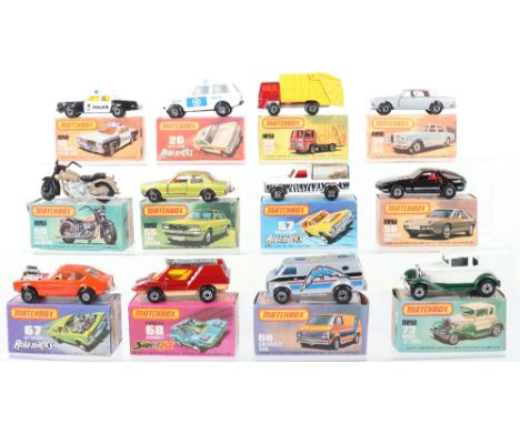 Twelve Boxed Matchbox Lesney Superfast Models, including: MB-10f Plymouth Gran Fury Police Car, MB-20e Rola-Matics Police Pat