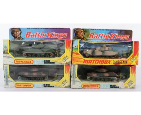Four Boxed Matchbox Battlekings Tanks, K103 Chieftain camouflaged body,  Three K109 M-551 Sheridan tanks, metallic green body