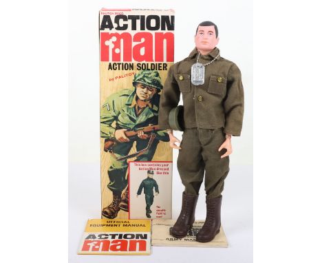 Boxed Vintage Palitoy Action Man Action Soldier, Cat no. 34001, a near mint black hair painted doll, one small crack to joint