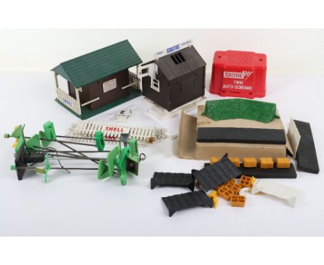 Vintage Scalextric Accessories, including: unboxed A/238 Time Keepers Hut, A/233 Entrance Building, track lighting, flyover b