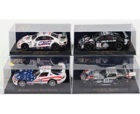 Four Boxed  Fly Car Model Slot Cars, A29 Marcos LM 600 Belcar 2000, A88 Dodge Viper Petit Le Mans 2000, A107 Lister Storm Don