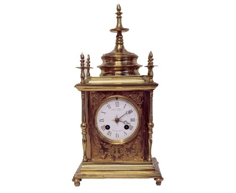 MANTLE CLOCK, 19th century engraved brass by Howell James and Co to the queen based in Regent St London and Paris, 35cm H. 