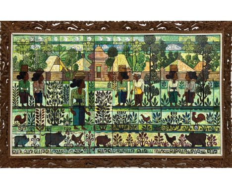 R. SOEBROTO (Indonesian, b.1937) 'Village Scene', oil on canvas, 132cm x 69cm, carved foliate frame. 