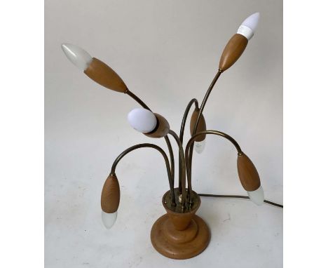 TABLE LAMP, 1960s teak and brass with six splaying branches and circular base, 53cm H. 