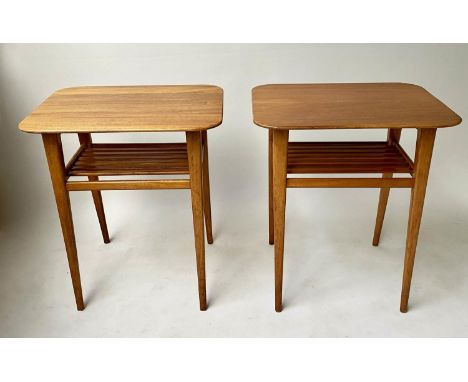 LAMP TABLES, a pair, 1960's teak, rounded rectangular each with slatted undertier, 53cm x 40cm x 61cm H. (2) 