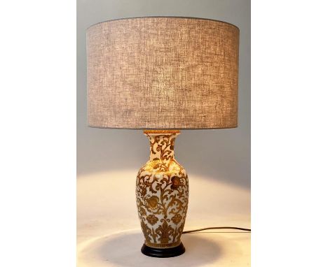 TABLE LAMP, vase form gilded white ceramic with linen drum shade, 67cm H. 