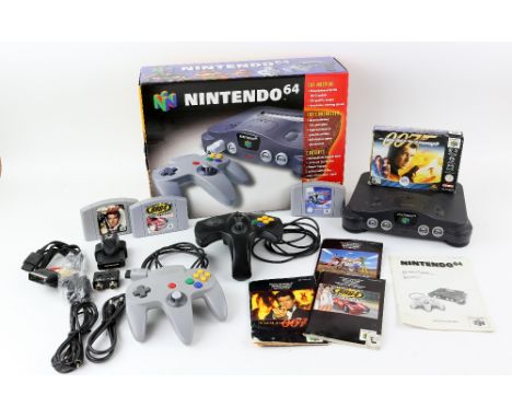 James Bond GoldenEye Nintendo 64 games console with box, games, two card promotional display boxes and two promotional poster