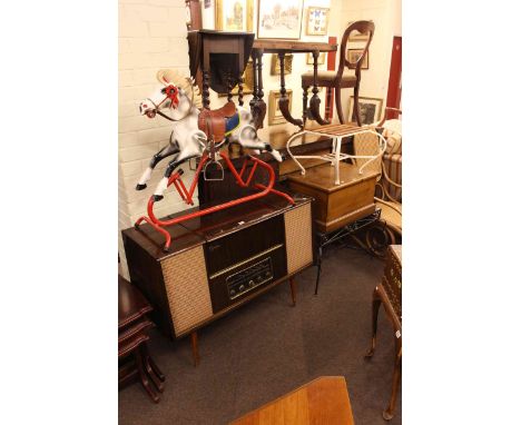 Ferguson vintage radiogram, Triang rocking horse, trunk, wrought iron table and stand (5)