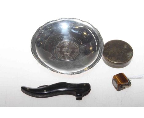 19th Century shoe-form folding knife, swivelling fob compass, brass cased compass and a Chinese sterling silver coin-inset di