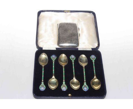Set of six silver-gilt and enamel coffee spoons, Walker & Hall, Chester 1938; and a silver cigarette case