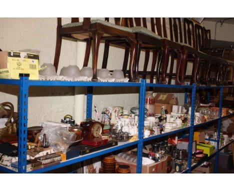 Full shelf of glass, china, costume jewellery, inlaid clock, brass and plated ware, etc