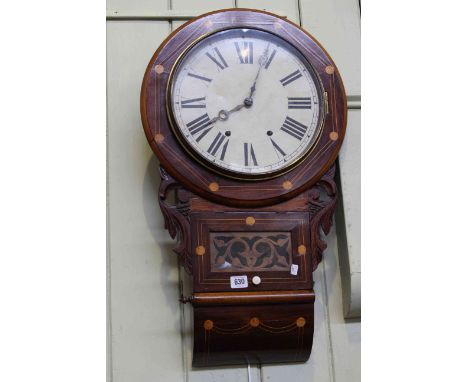 Victorian rosewood and satinwood inlaid drop dial wall clock