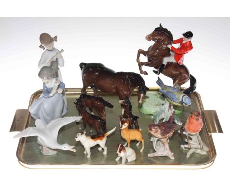 Beswick rearing horse and huntsman No. 868, Beswick horses and other animals, Goebel birds, Lladro figure and swan and Nao fi