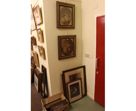 Pair 19th Century framed needlework, portrait oil, prints, etc