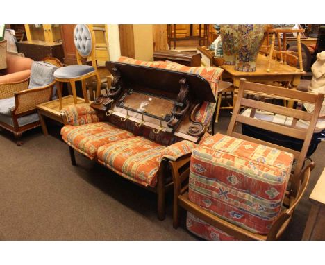 Ercol two seater settee, chair frame and footstool, tiled top coffee table, occasional chair and walnut and ebonised coat rac