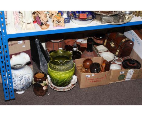 Dome top caddy, Bretby and other jardiniere, plates, books, pictures, carved wood pieces, pottery, etc