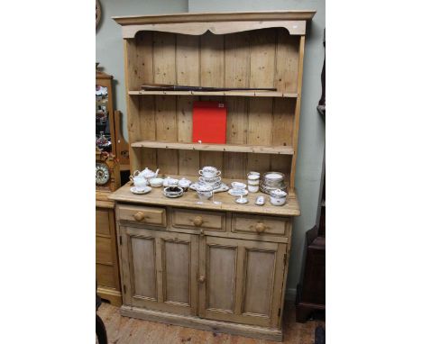 Pine shelf back two door dresser and collection of tea china, etc