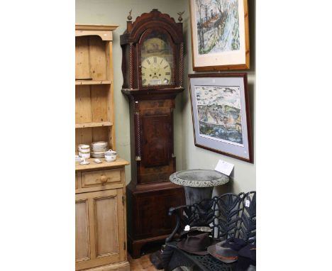 Antique mahogany eight day longcase clock having painted arched dial (in need of restoration)