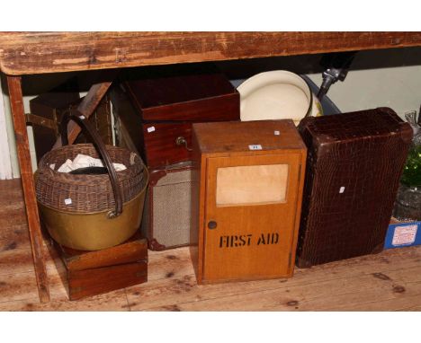 Two Victorian writing boxes, jardiniere, skin suitcase, brass jam pan, vintage first aid box, brassware, retro lamp shade, et