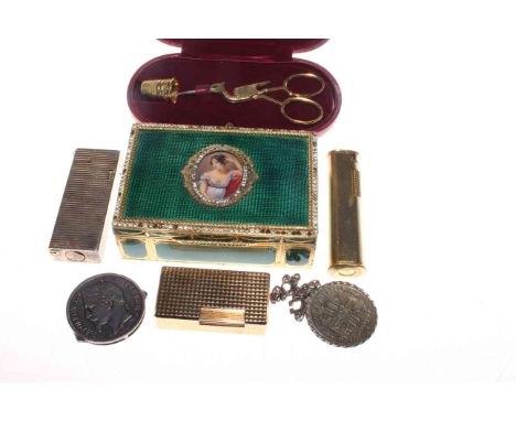 Enamel box, two Dunhill lighters, etc