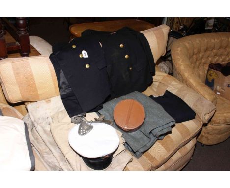 Two naval jackets, trousers, Great coat, cap, collars and box and two kit bags