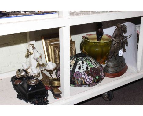 Tiffany style lamp and shade, spelter horse and warrior group, large jardiniere, ceiling light, vintage wall telephone, etc