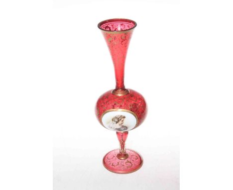 Bohemian gilt on ruby glass vase with female portrait